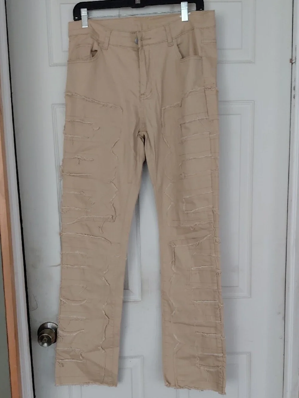 Unbranded Distressed Patchwork Pants 28 LARGE Khaki Frayed Streetwear Detail